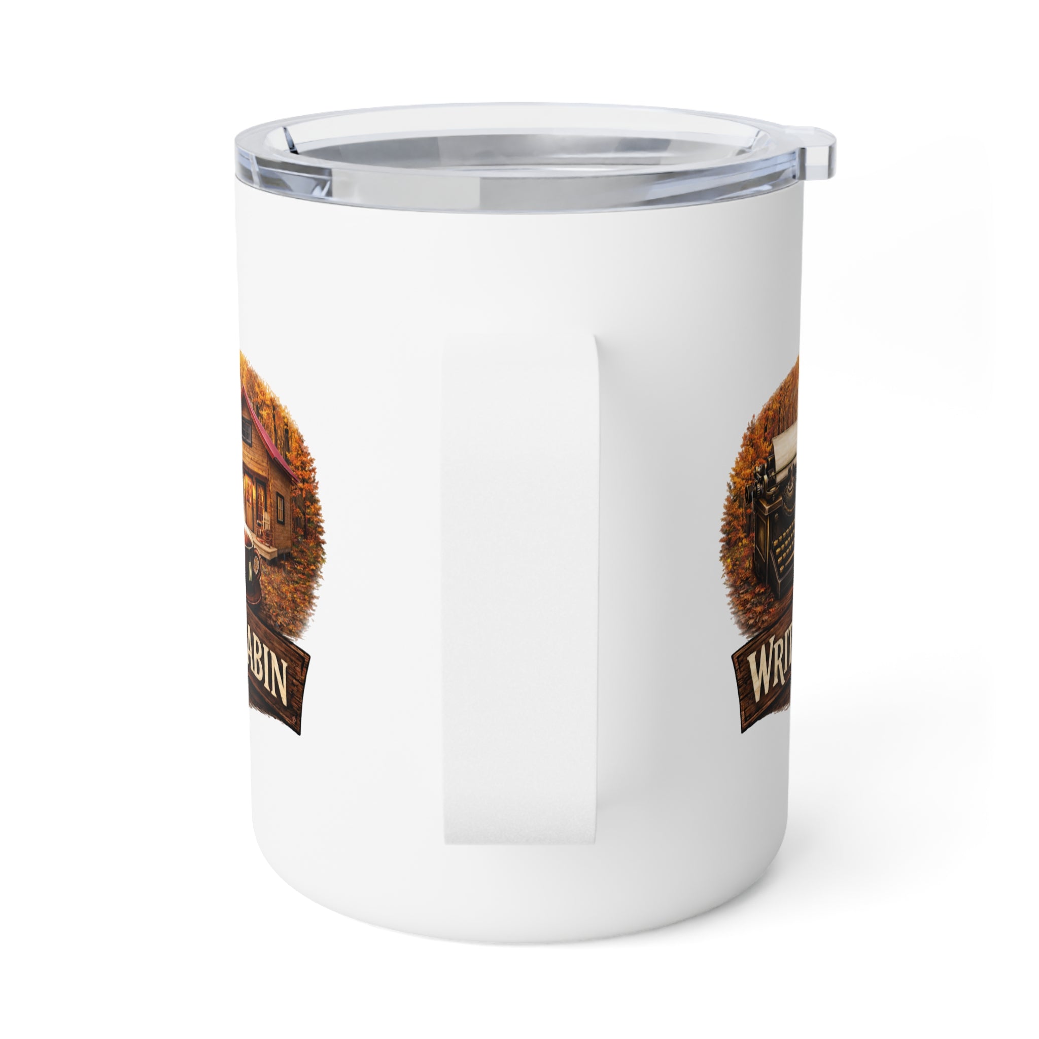 From the Writer's Cabin 10oz Insulated Coffee Mug — Cozy Cabin Typewriter Design