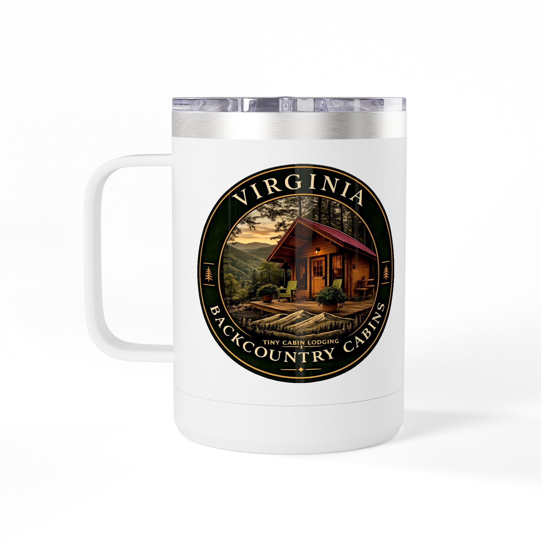 Virginia Backcountry Cabin Travel Mug — 15oz Insulated Coffee Tumbler