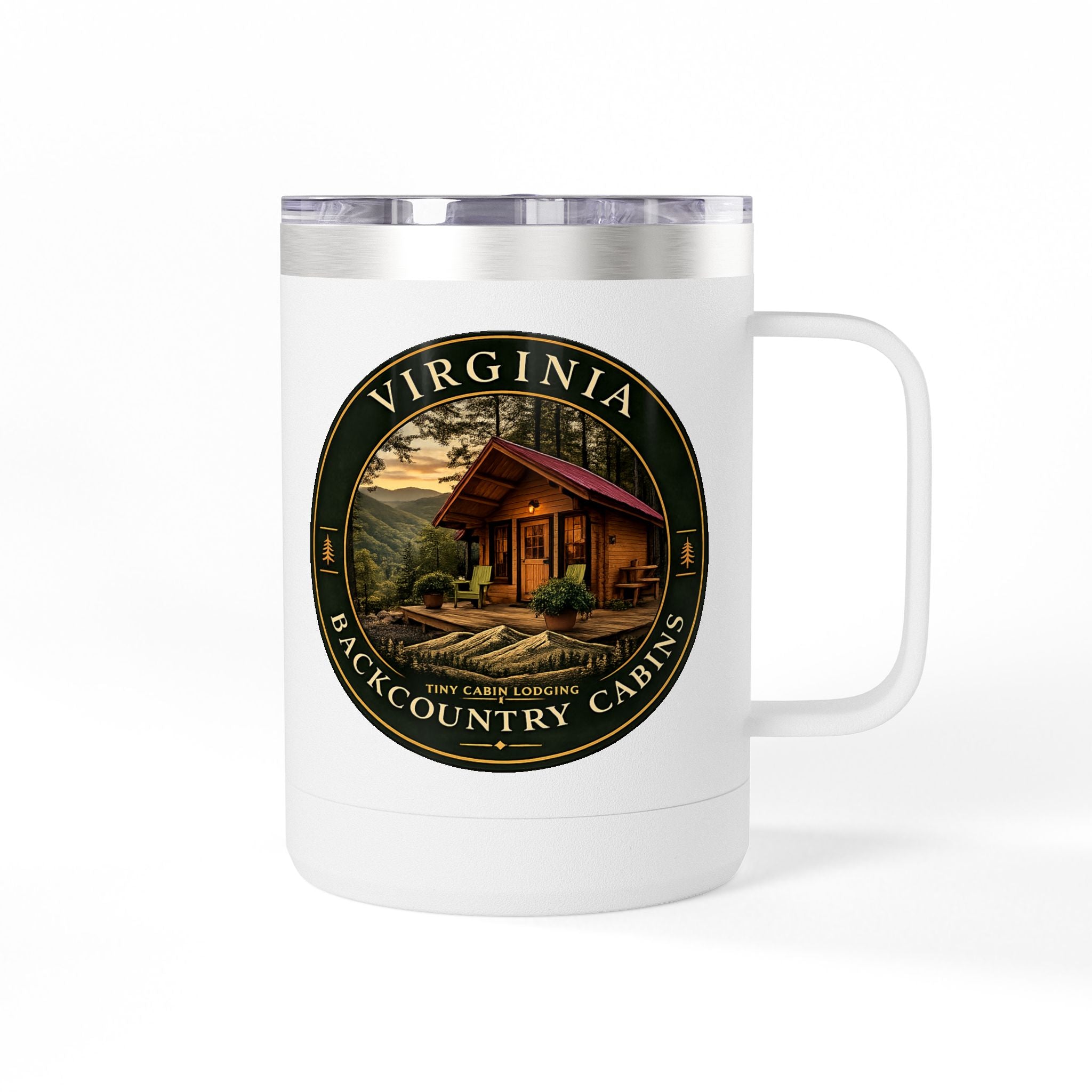 Virginia Backcountry Cabin Travel Mug — 15oz Insulated Coffee Tumbler