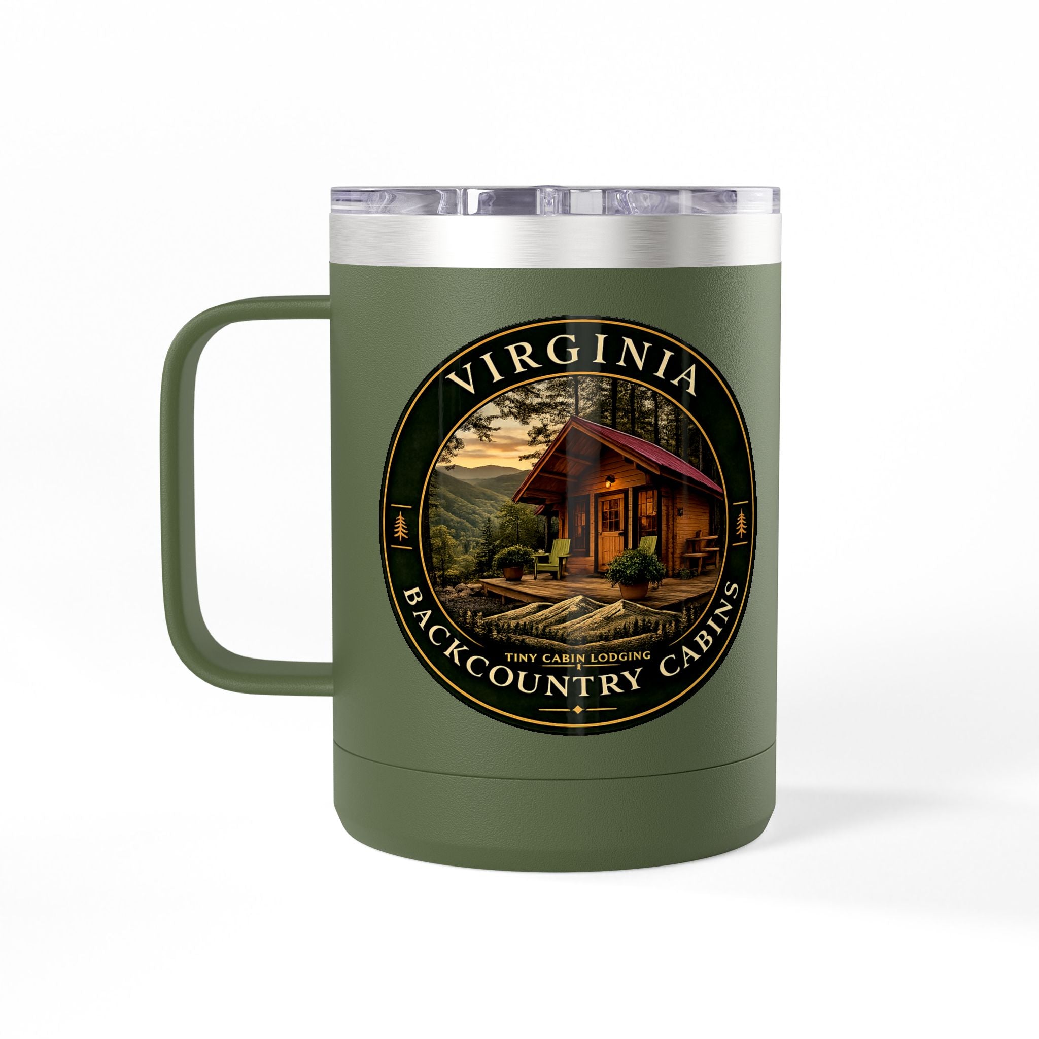Virginia Backcountry Cabin Travel Mug — 15oz Insulated Coffee Tumbler