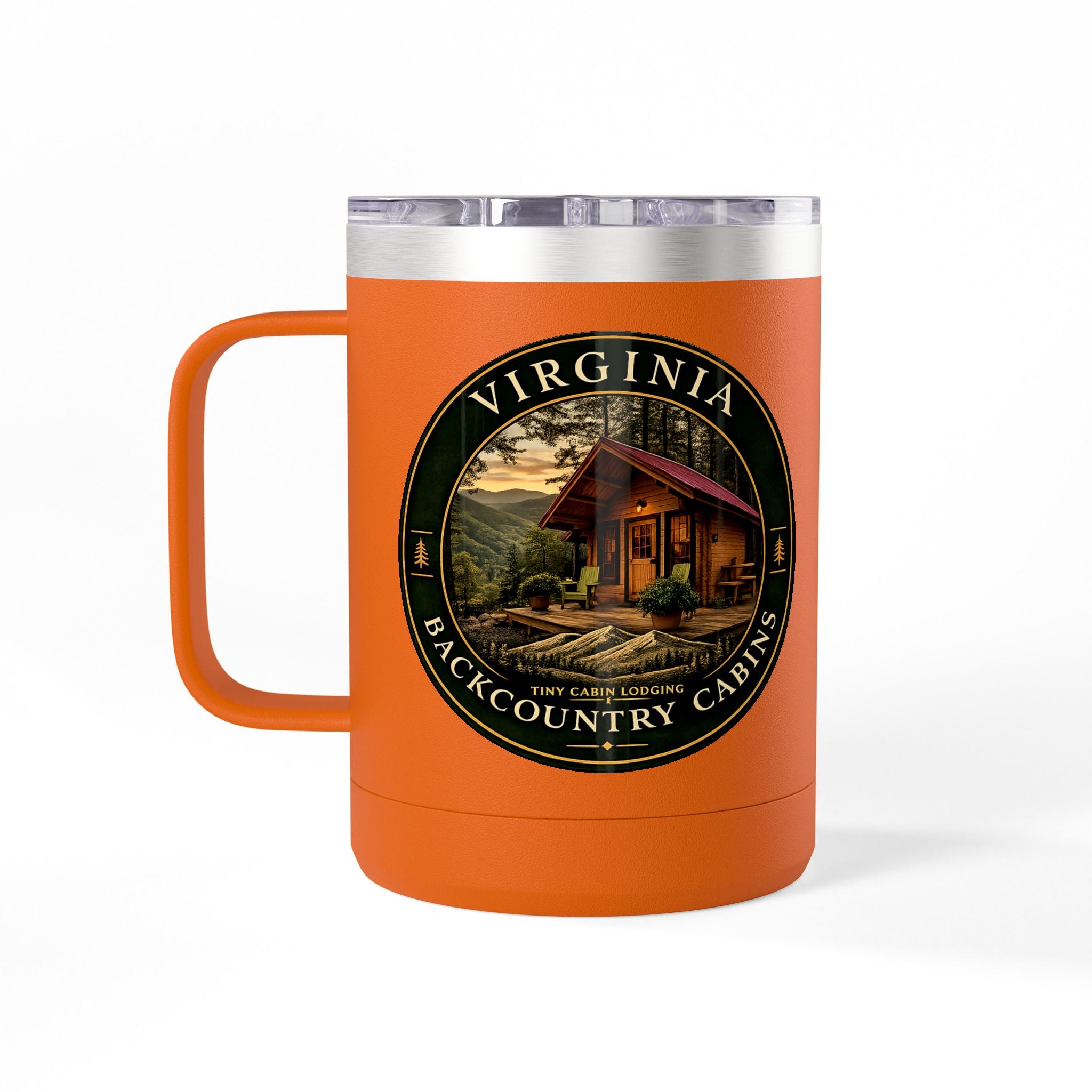 Virginia Backcountry Cabin Travel Mug — 15oz Insulated Coffee Tumbler
