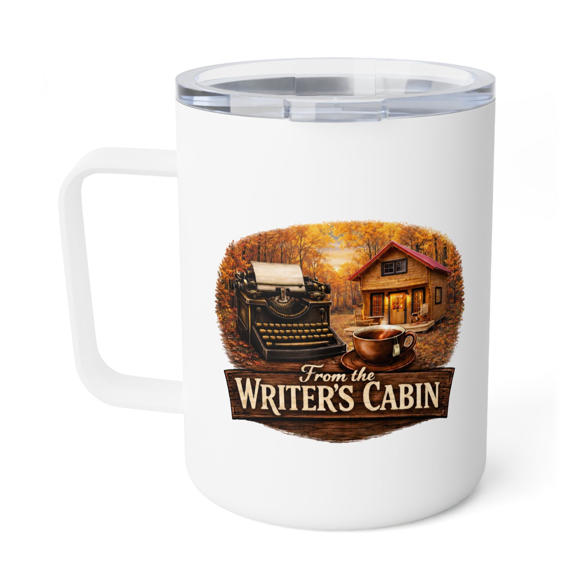 From the Writer's Cabin 10oz Insulated Coffee Mug — Cozy Cabin Typewriter Design